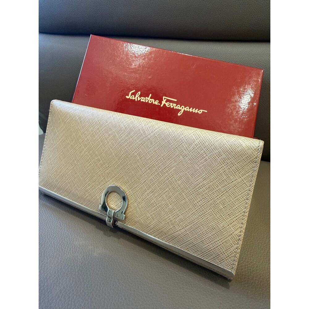 Salvatore Ferragamo Gancini Continental Wallet–Beige Saffiano Leather W/Box, COA